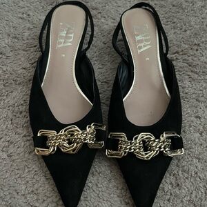 Zara Black Slingback Heels with Gold Chain Detail